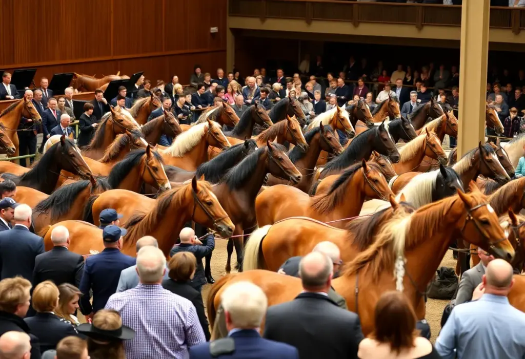 Bidding scene at the Lexington Selected Yearling Sale with yearlings on display.