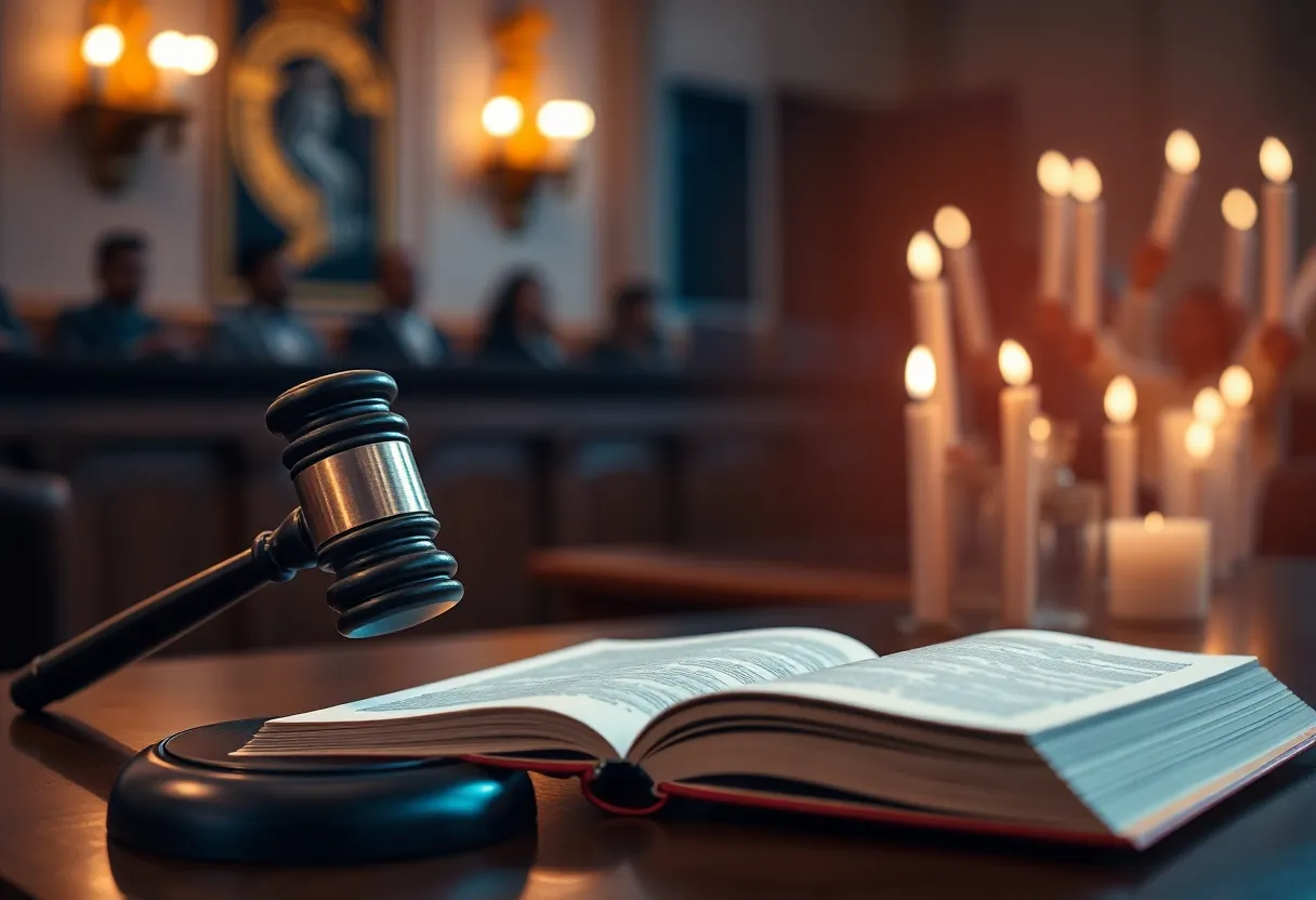 Courtroom with gavel and candles for community support