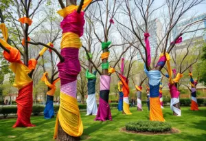 Trees wrapped in colorful fabric at Jacobson Park during Lexington's Tree Week