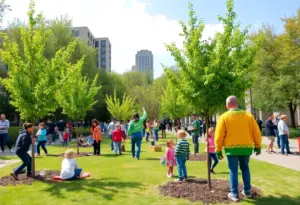People participating in Tree Week activities surrounded by trees in Lexington