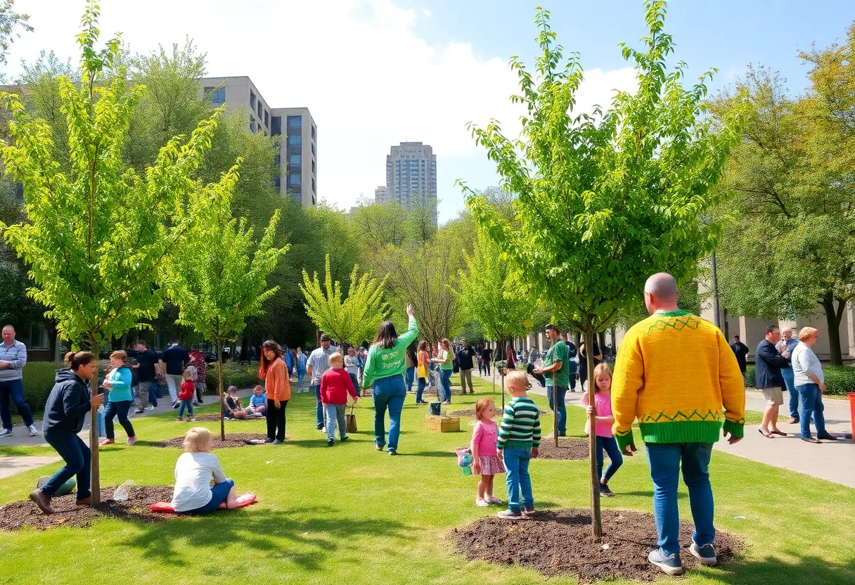 People participating in Tree Week activities surrounded by trees in Lexington