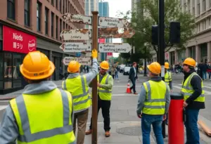 City workers removing deteriorating wayfinding signs in Lexington