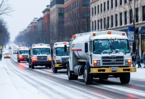 Snowy road preparations in Lexington with salt trucks.