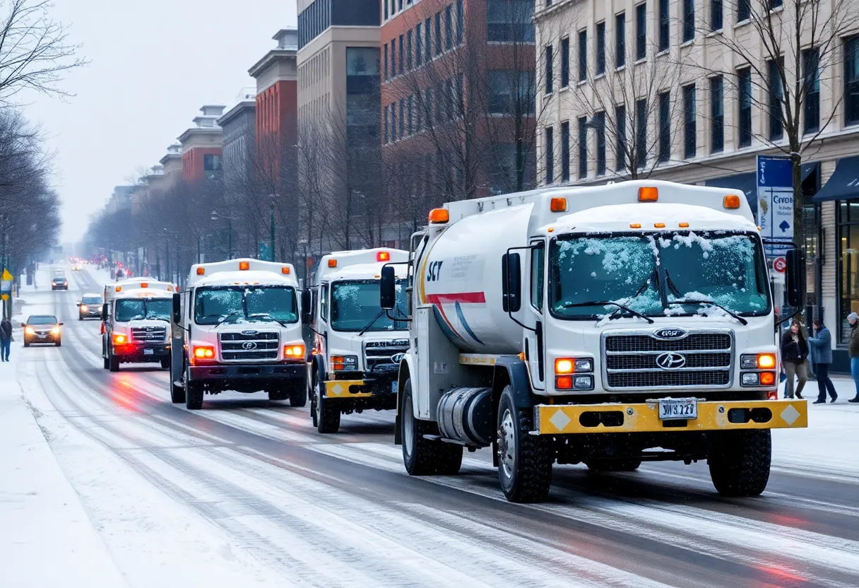 Snowy road preparations in Lexington with salt trucks.