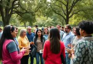 Community members engaging in discussion at the Let's Celebrate Democracy event in Louisville.