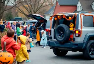 Families enjoying the Creepin' & Jeepin' Trunk-or-Treat at Mike Linnig's