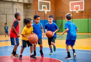 Children playing 3v3 basketball in Louisville