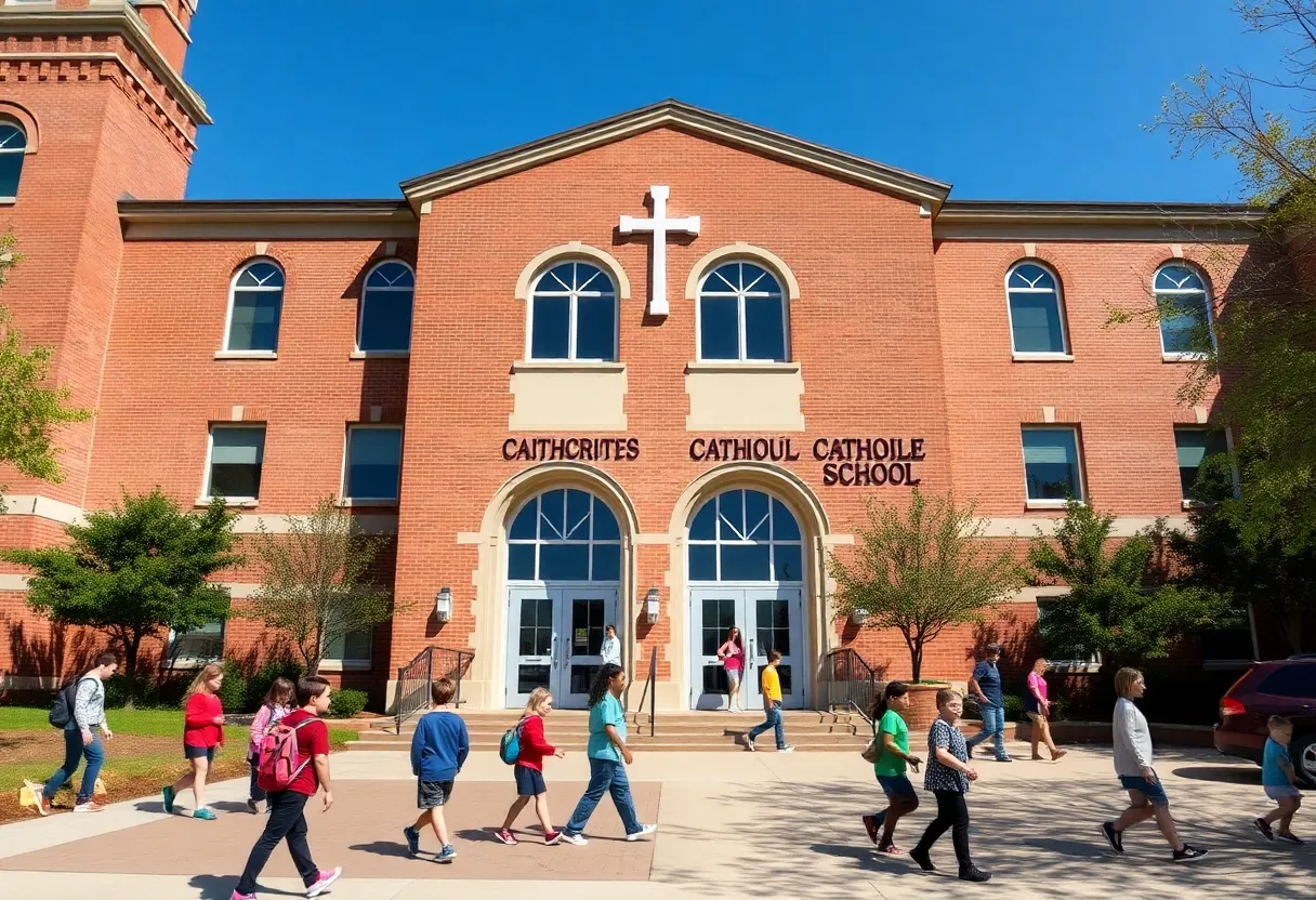 Exterior view of a Catholic school in Louisville with students outside
