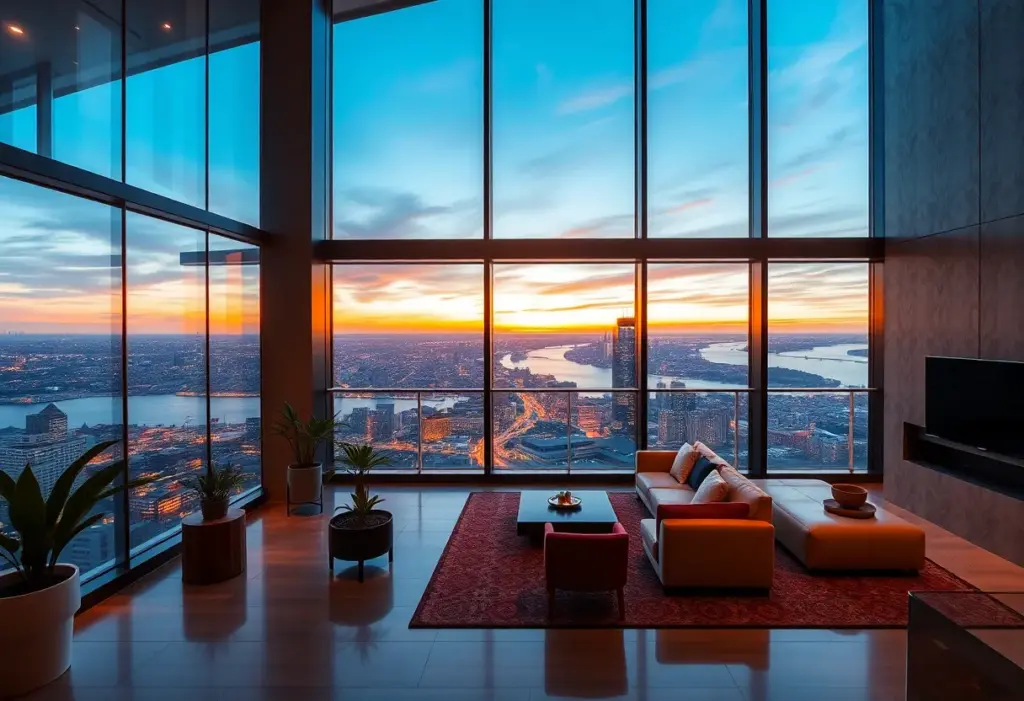 Luxurious penthouse terrace with views of the Ohio River and city skyline.