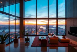 Luxurious penthouse terrace with views of the Ohio River and city skyline.