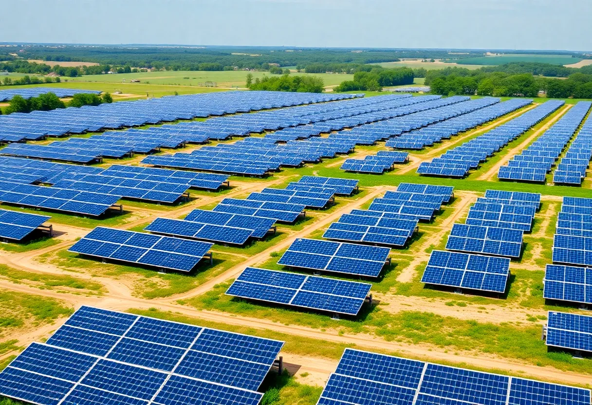 Aerial view of McCracken Solar facility with hundreds of solar panels under a clear blue sky.