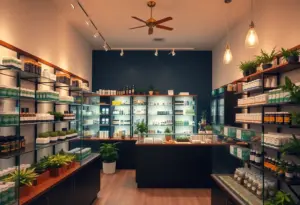 Interior of a modern medical cannabis dispensary with products on display