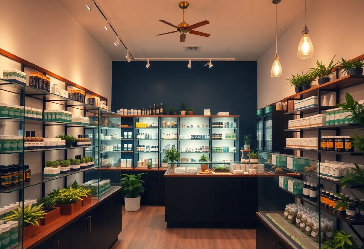 Interior of a modern medical cannabis dispensary with products on display