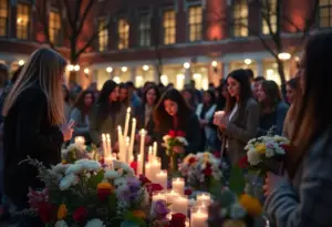 Students gathered at a vigil for Charlie Kirk, honoring his legacy with candles and flowers.