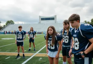Disappointed student athletes on a deserted football field due to federal shutdown