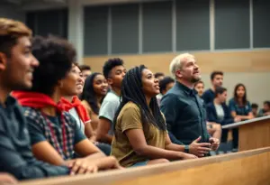 Students participating in a motivational assembly