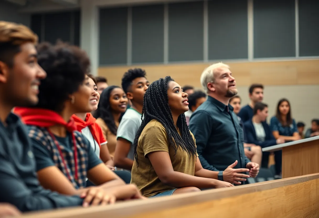 Students participating in a motivational assembly
