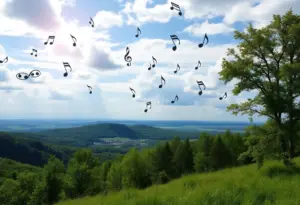 Conceptual image symbolizing music and tribute in a serene landscape