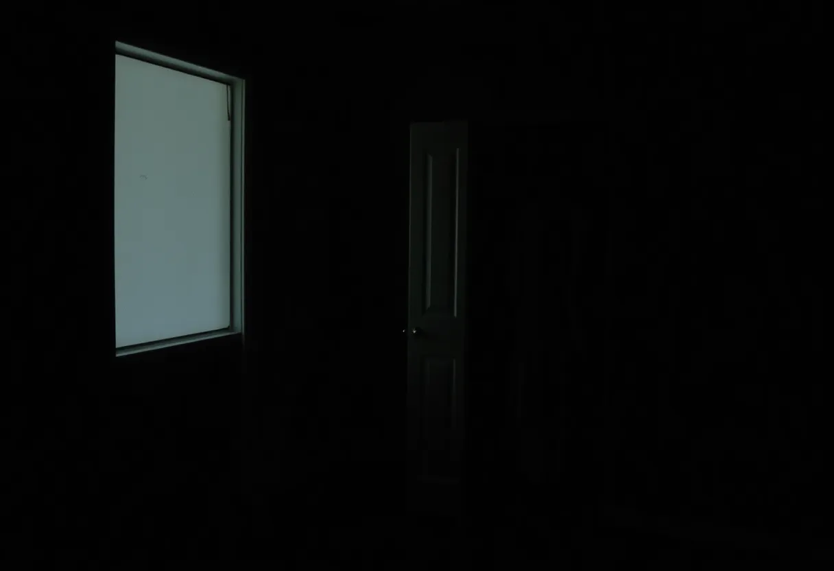A closet partially open in a dimly lit room.