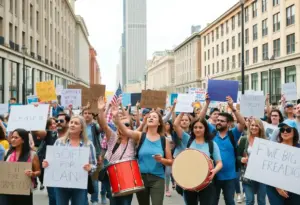 Crowd of protesters gathering with signs advocating for civil rights and democracy.
