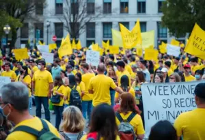 Protesters in yellow shirts at a No Kings rally in Lexington, Kentucky