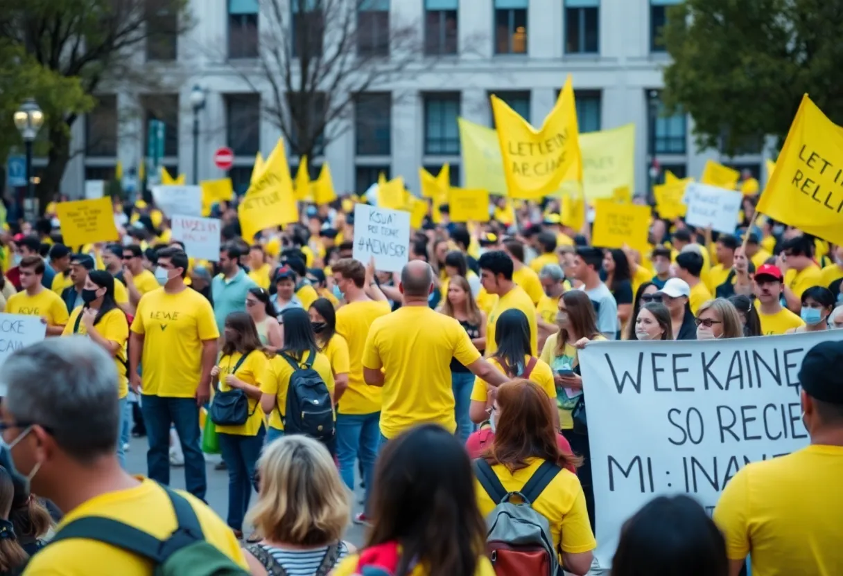 Protesters in yellow shirts at a No Kings rally in Lexington, Kentucky