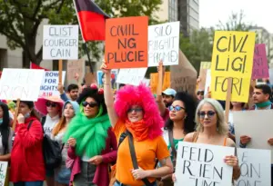 A diverse crowd participating in the No Kings protest rally, showcasing signs and costumes.