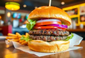 O’Round burger with fresh toppings in a soft brioche bun at Shamrock Bar & Grille