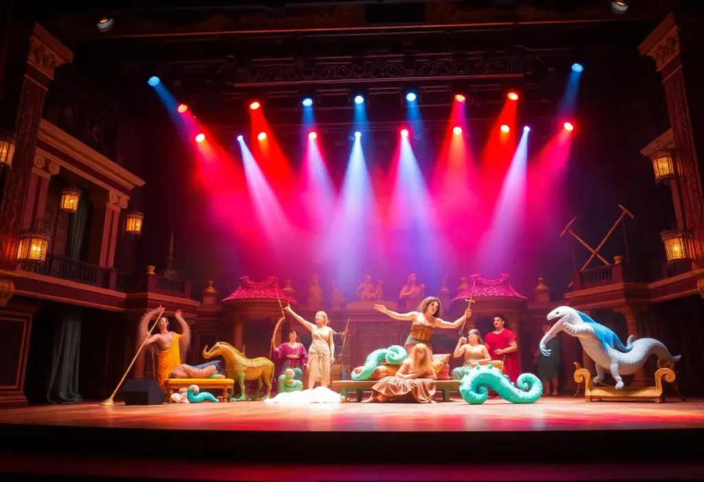 Stage setup for The Lightning Thief: The Percy Jackson Musical with vibrant sea-themed decorations.