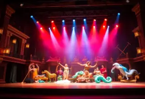 Stage setup for The Lightning Thief: The Percy Jackson Musical with vibrant sea-themed decorations.