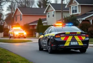 Police vehicle near a residential area after a crash incident.