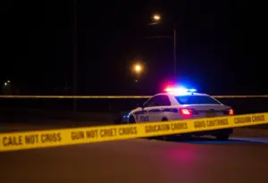 Police car at a crime scene with flashing lights