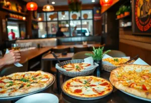 Assorted dishes from Puccini's Pizza Pasta, including pizza, calzones, and pasta in a cozy restaurant setting