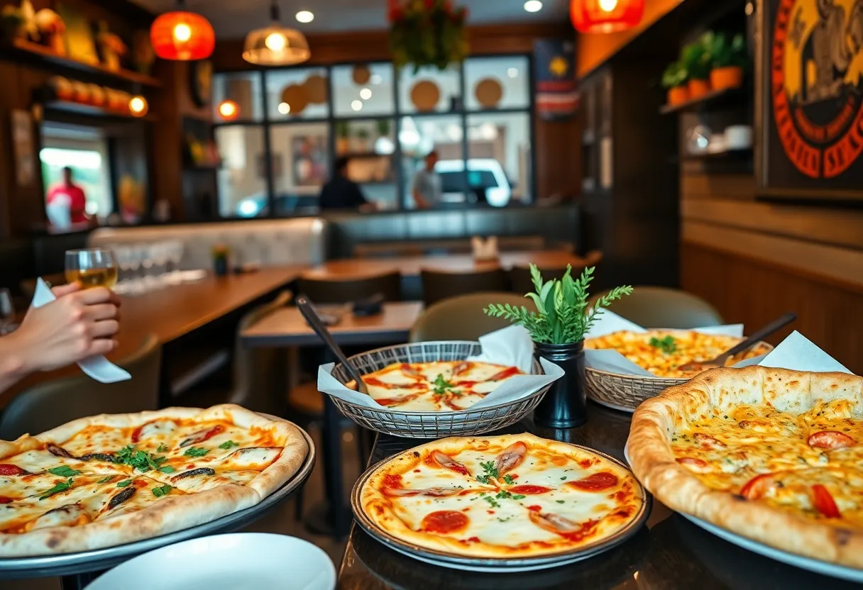 Assorted dishes from Puccini's Pizza Pasta, including pizza, calzones, and pasta in a cozy restaurant setting