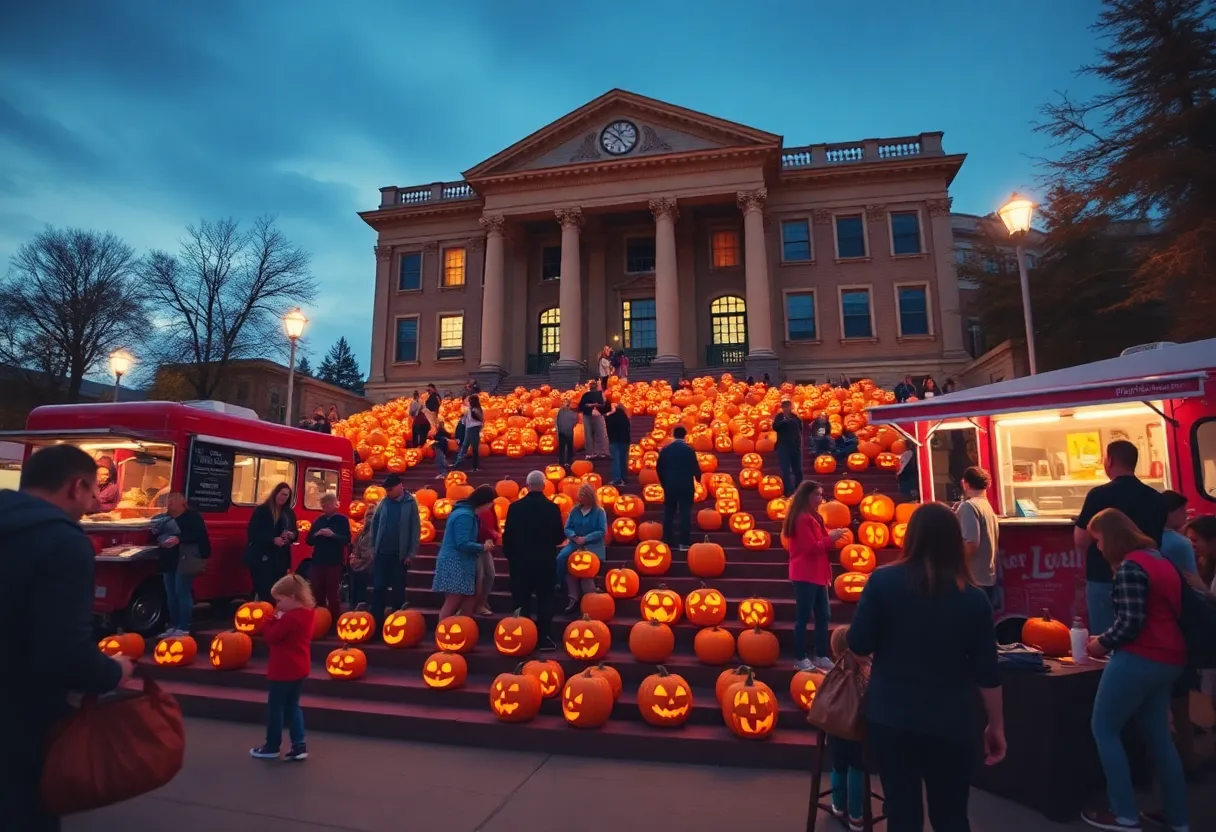Families enjoying the PumpkinMania festival at Transylvania University, with illuminated jack-o'-lanterns on the steps of Old Morrison.