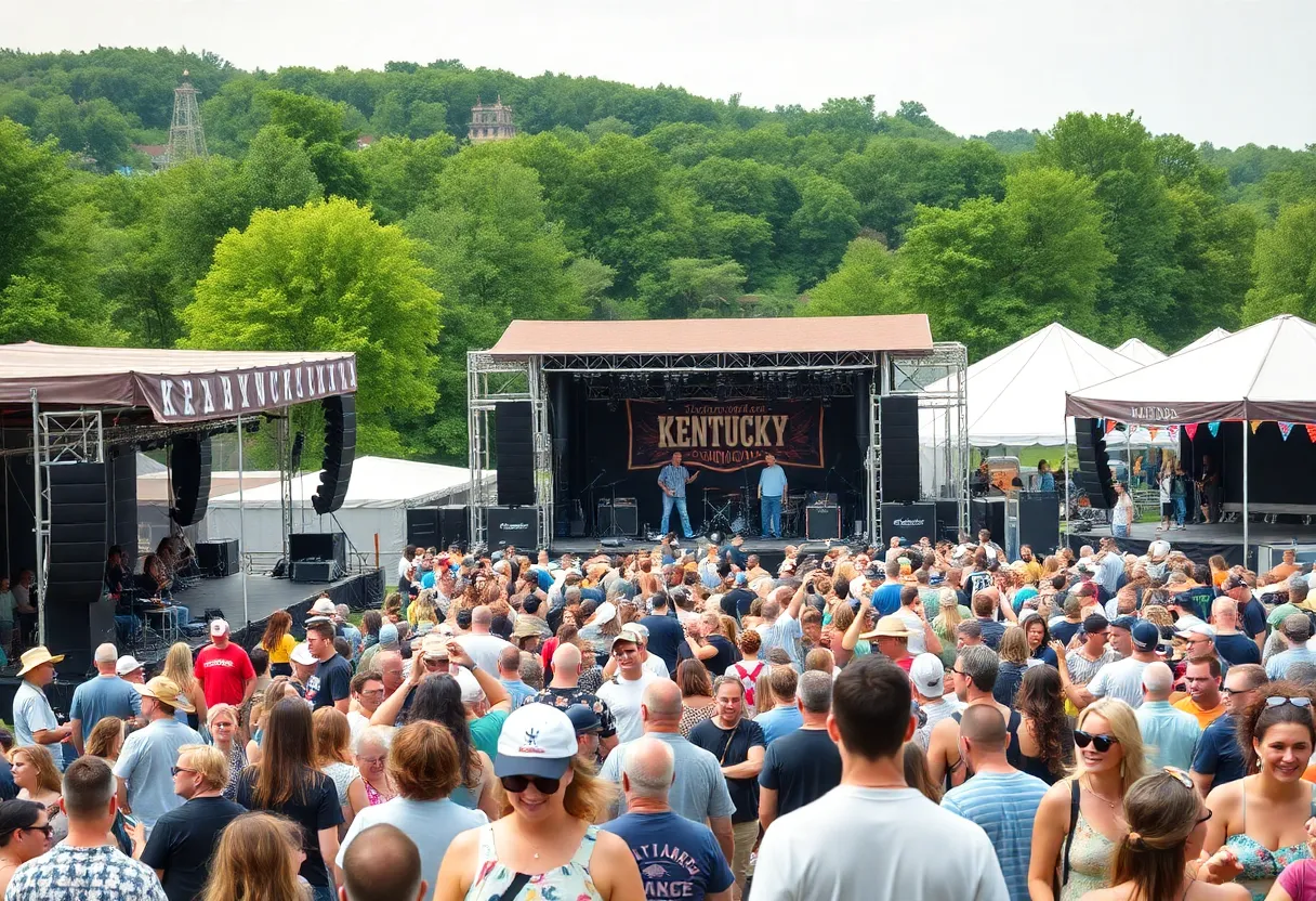 Crowd enjoying the Railbird Music Festival with stages and musicians in the background.