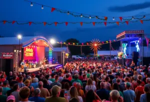 Crowd enjoying the Railbird Music Festival with musicians performing on stage.