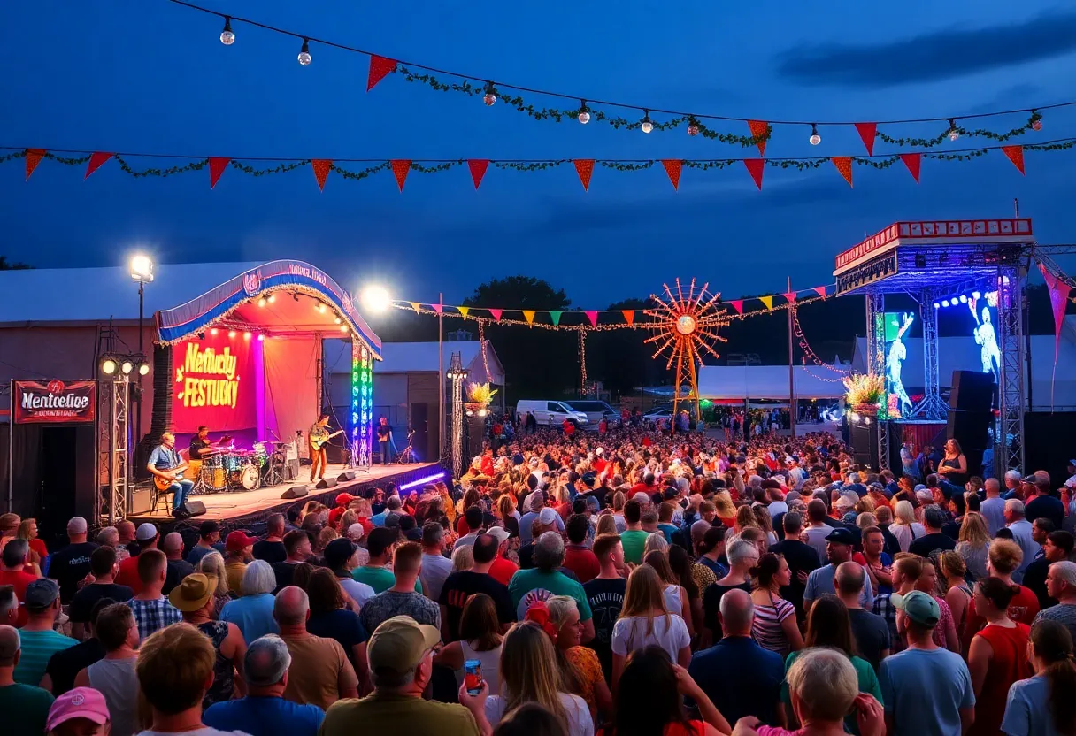 Crowd enjoying the Railbird Music Festival with musicians performing on stage.