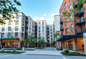 An artistic rendering of The Railyard mixed-use development in Lexington, showcasing housing and commercial spaces.