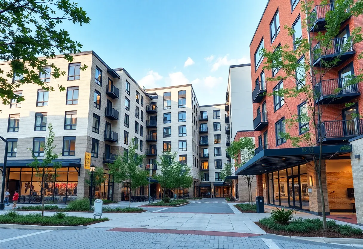 An artistic rendering of The Railyard mixed-use development in Lexington, showcasing housing and commercial spaces.