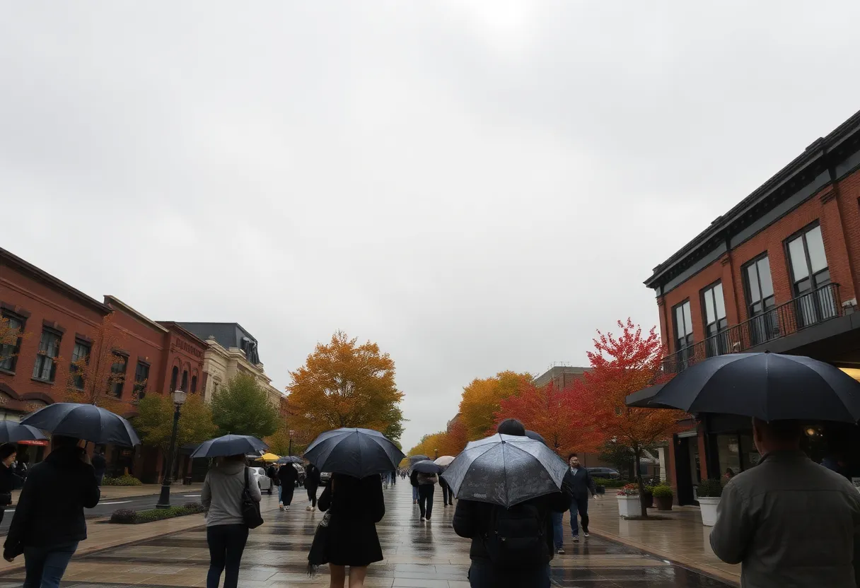 A rainy day in Lexington with people using umbrellas.