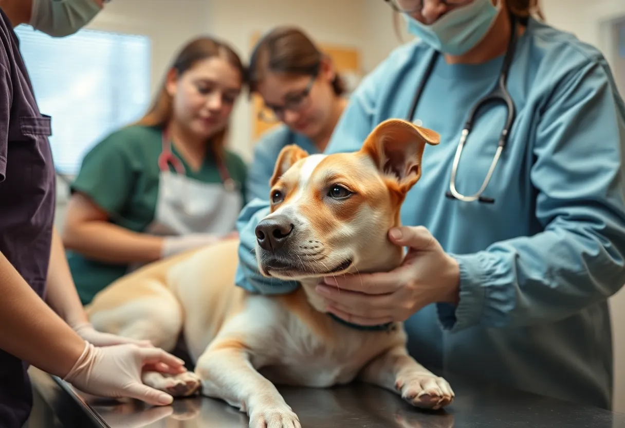 A caring veterinary staff attending to a dog in need of medical attention.
