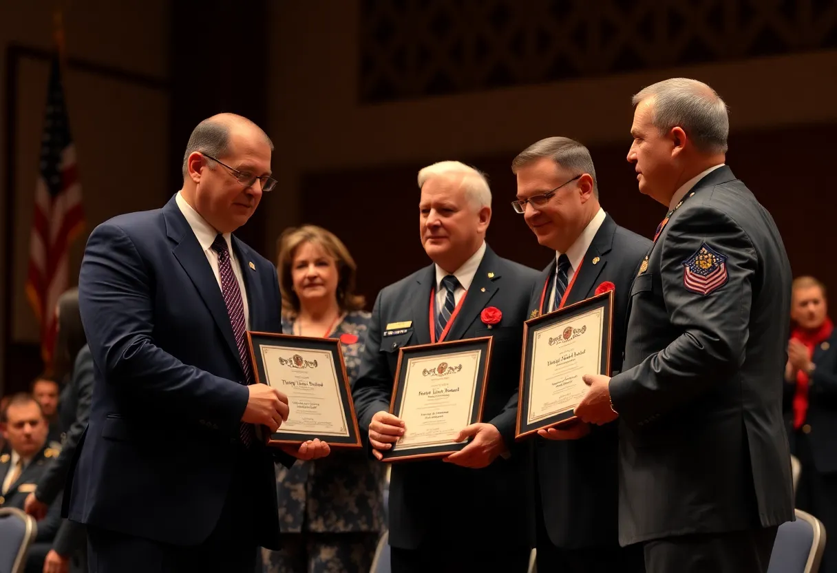 Governor presenting awards to citizens for their courageous actions in saving a police trooper's life.