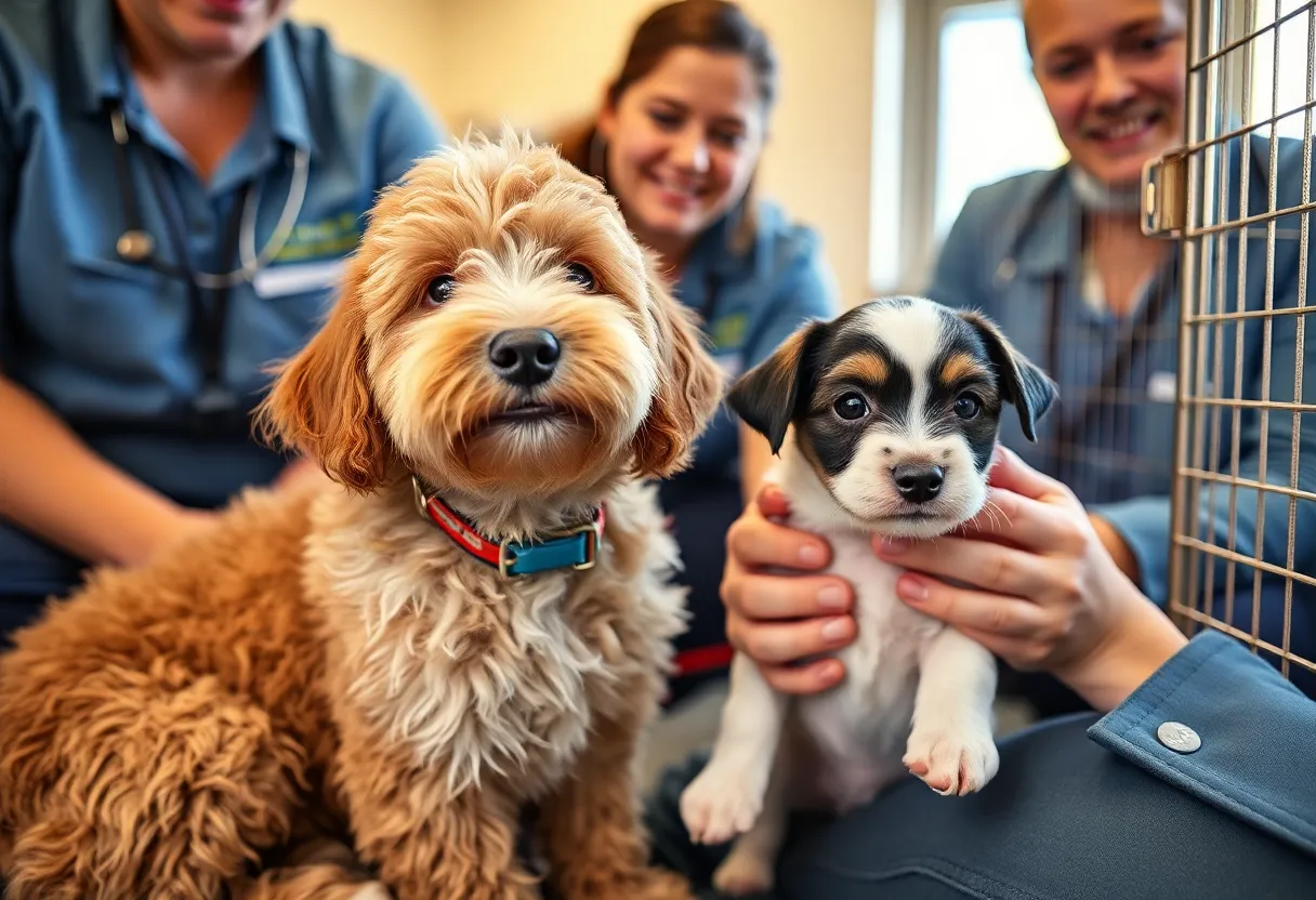 Two rescued dogs recovering in a shelter