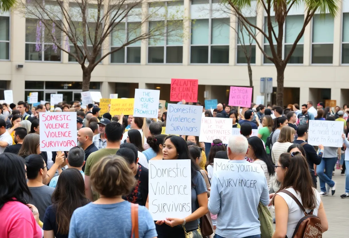 Community members gathering for the Rise Up event to support domestic violence awareness.