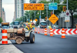 Construction on West Maxwell Street in Lexington with lane closure signs.