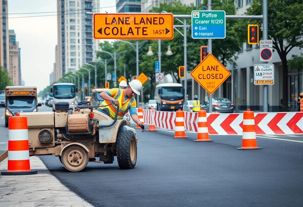 Construction on West Maxwell Street in Lexington with lane closure signs.