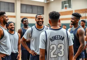Comedian Adam Sandler engages with Kentucky basketball players wearing a custom jersey.