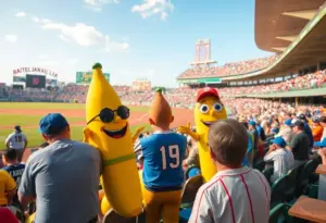 Fans enjoying a baseball game at Legends Field with team mascots