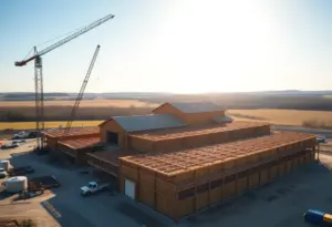 Construction site of new whiskey barrel warehouses in Campbellsville, Kentucky.